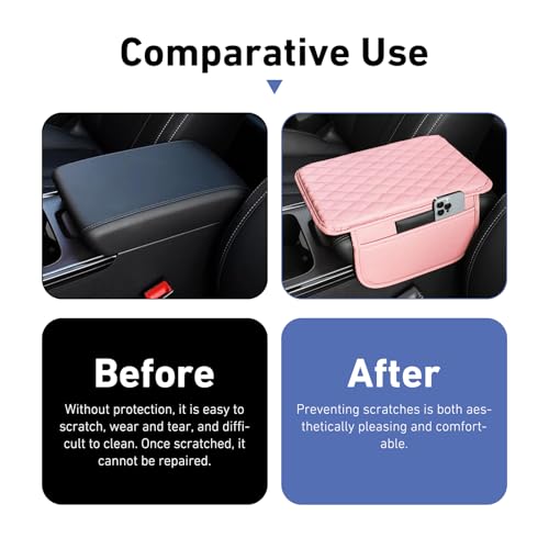 Car Center Console Cover, Upgrade Soft Skin-friendly Leather Arm Rest Cover for Car, Universal Anti-slip Scratch-resistant Armrest Mat with Side Storage Bags, for Trucks, Cars, SUVs (Pink) - color: Pink