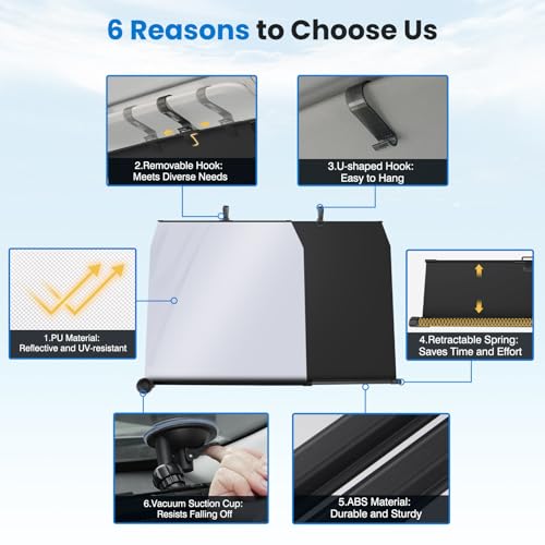 2026 Auto Retractable Car Windshield Sun Shade - Adjustable Front Window Sunshade for UV & Heat Protection - Ideal for Camping Outdoor & Daily Parking (Not Fit Dashboard Bulge)