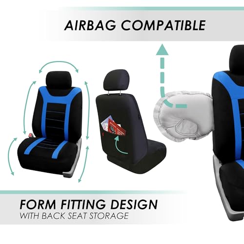 FH Group Full Set Cloth Car Seat Covers for Low Back Front Seat Covers, Airbag Compatible, Split Bench Rear Seat, Universal Fit, Washable Seat Cover for SUV, Sedan, Van, Blue