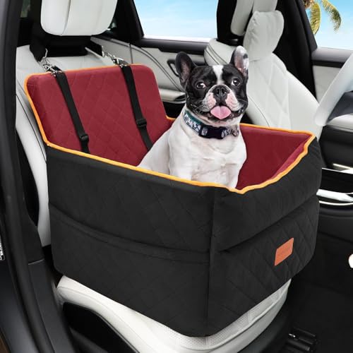 Dog Car Seat for Small Medium Dogs, Memory Foam Puppy Dog Booster Seat with Thick Cushion for Dogs Under 35lbs, Detachable Washable Pet Car Seat Travel Bed with Storage Pockets,2 Safety Belts - color: Black/red