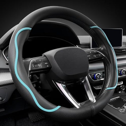 Nappa Leather Steering Wheel Cover. Stylish Striped Design, Universal fit for 14.5–15-inch Steering Wheels, Slip-Resistant and Breathable, Protects the Steering Wheel.Black and Blue - color: Black and Blue