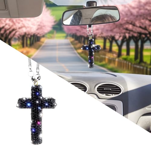 starfa lab Bling Car Rear View Mirror Accessories Hanging Pendant,Cross Crystal Rhinestone For Car Mirror Hanging,Double-Sided Cross Diamond Religious,Interior Men Women Car Accessories - color: Black