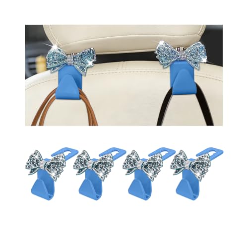 Bling Car Headreat Hook, 2PCS Crystal Rhinestone Cute Bow Vehicle Seat Back Hanger Storage for Purses Bags Grocery, Diamond Auto Rear Seat Organizer, Universal for SUV Truck Sedan (Light Blue) - style: Light Blue/4PCS