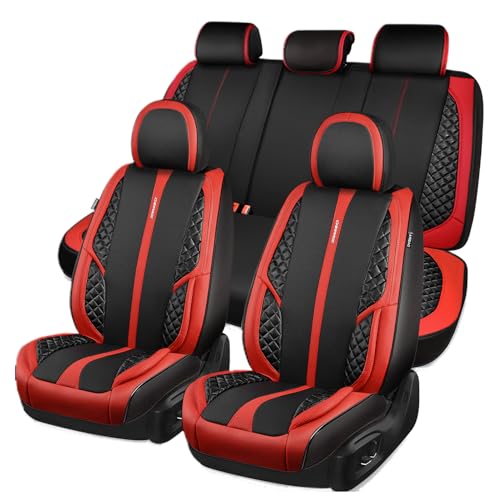 CAR PASS Nappa Leather Car Seat Covers Full Set Waterproof Protector Durable Cushioned,Universal Fit for Sedan SUV Pick-up Truck,Automotive, Anti-Slip and Backseat Luxury Premium(Black and Red) - color: Black Red, size: Full Set