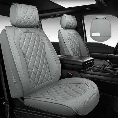 CAR PASS Luxury Nappa Leather Seat Covers Full Set, 3D Rhombus Waterproof Faux Leather Seat Covers, Universal Automotive Seat Cushion Fit for Most Sedan SUV Truck Van, Armrest Airbag Compatible Gray - color: gray