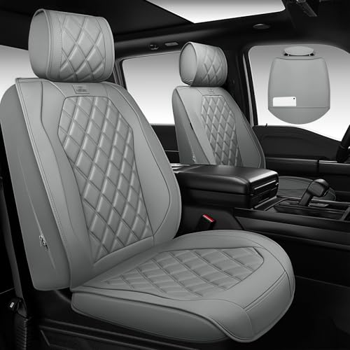 CAR PASS Luxury Nappa Leather Seat Covers Full Set, 3D Rhombus Waterproof Faux Leather Seat Covers, Universal Automotive Seat Cushion Fit for Most Sedan SUV Truck Van, Armrest Airbag Compatible Gray - color: gray