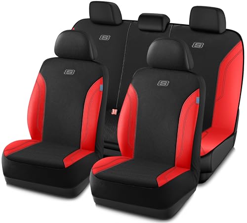 Skechers Car Seat Covers, Work Leather Seat Covers 5-Times Stronger Built-in Webbing, Oxford Fabric Seat Cover Full Sets, Airbag Compatible, Automotive Comfort for Cars, Trucks, SUVs,Red - color: Black&Red, size: Full Set