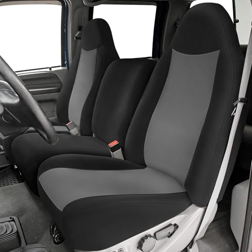 Front Seat Cover Compatible with 1999-2007 Ford F250-F550, Front 40/20/40 Split Bench Seat Cover, Neoprene Fabric with Pointed Molded Headrests & Opening Console, No Shoulder on the Backrests - color: black and charcoal