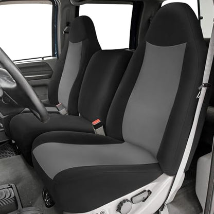 Front Seat Cover Compatible with 1999-2007 Ford F250-F550, Front 40/20/40 Split Bench Seat Cover, Neoprene Fabric with Pointed Molded Headrests & Opening Console, No Shoulder on the Backrests - color: black and charcoal