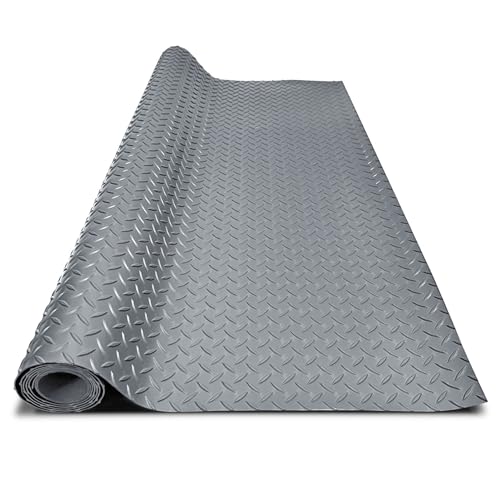 4x20FT Garage Floor Mat, 2.8mm Thickened Flooring Roll for Under Car, Golf Cart Parking Mat, Diamond Plate PVC Rubber Motorcycle Mat, Non-Slip Floor Protector for Garage Warehouse Trailer, Grey - color: Grey, size: 4*20FT