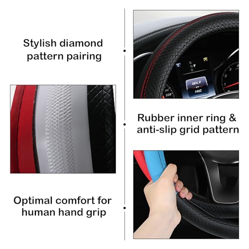 Leather Patchwork Black Steering Wheel Cover, 14.5-15 Inch Non-Slip Breathable Microfiber Car Steering Wheel Protector - color: Leather Patchwork - Black