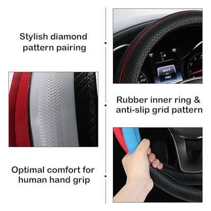 Leather Patchwork Black Steering Wheel Cover, 14.5-15 Inch Non-Slip Breathable Microfiber Car Steering Wheel Protector - color: Leather Patchwork - Black