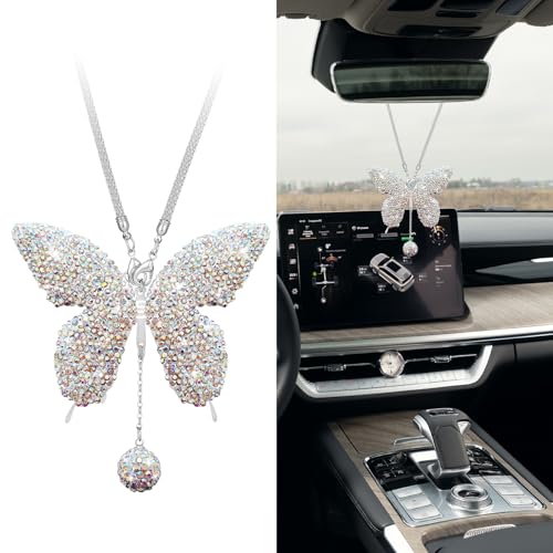 Bling Butterfly Diamond Car Accessories, Car Mirror Hanging Accessories, Crystal Rhinestone Vehicle Rear View Mirror Charms, Lucky Diamond Auto Hanging Ornament Pendant for All Cars (AB) - color: Ab