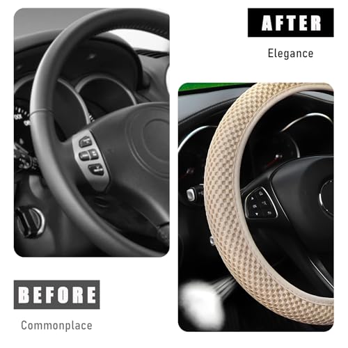 Wevdn Elastic Stretch Steering Wheel Cover, 15"×15" Microfiber Breathable Ice Silk Steering Wheel Protector, Anti-Slip Elastic Steering Wheel Cover for Men Women, Car Accessories (Beige) - color: Beige