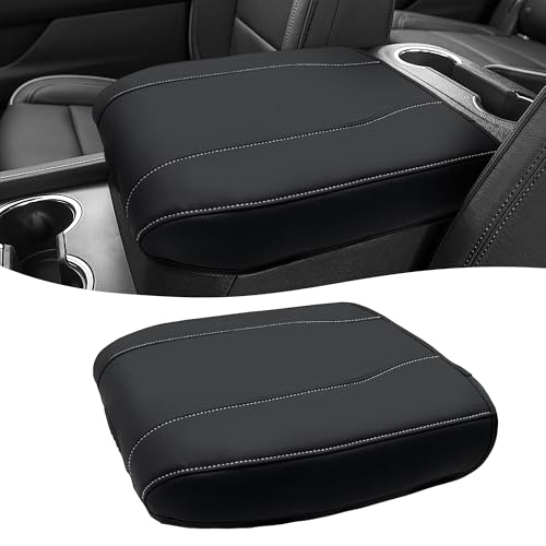 Center Console Cover for Chevy Silverado 1500 Accessories & GMC Sierra 2019-2026, Yukon & Tahoe & Suburban 2021-2026, Bucket Seat Only, Vinyl Armrest Middle Console Cover, Black-Gray Stitch - color: Black with gray stitching