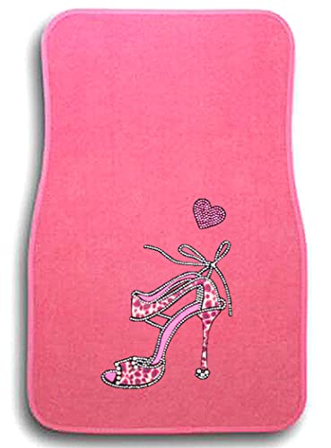 Universal Fit Front/Rear 4-Piece Full Set Crystal Bling Rhinestone Design Studded Carpet Car SUV Truck Pink Floor Mats - 4 Pcs Set (Pink Heel-Pink) - color: Pink Heel-Pink