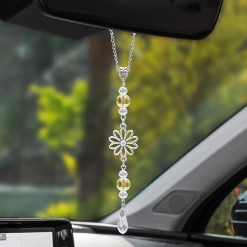 Flower Rear View Mirror Car Charms, Rear View Mirror Accessories, Crystal Boho Auto Hanging Decor, Sun Catcher Cute Car Interior Decorations Accessories for Women Men (Light Yellow) - color: Light Yellow