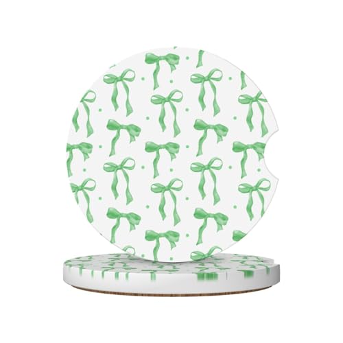 Green Bow Car Coasters for Cup Holders,2 Pack Car Cup Holder Coasters for Car,Ceramic Absorbent Car Coaster with A Finger Notch and Cork Base,Car Interior Accessories for Women Men - color: Green Bow