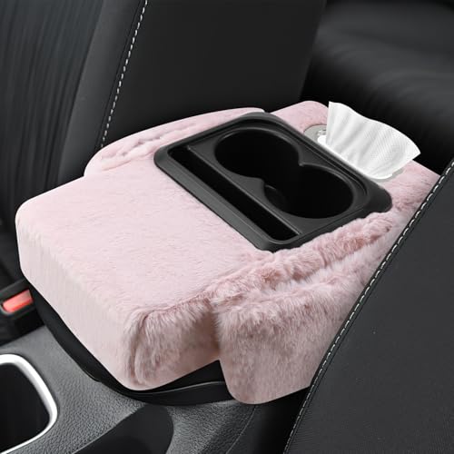 wuyaoyao Car Center Console Armrest Pillow, 13.78"×7.87"×2.76" Soft Plush Arm Rest Cover for Cars, 5-in-1 Warm Fluffy Auto Armrest Cushion Pad w/Pocket, Tissue Box, Cup Holder (Pink) - color: Pink