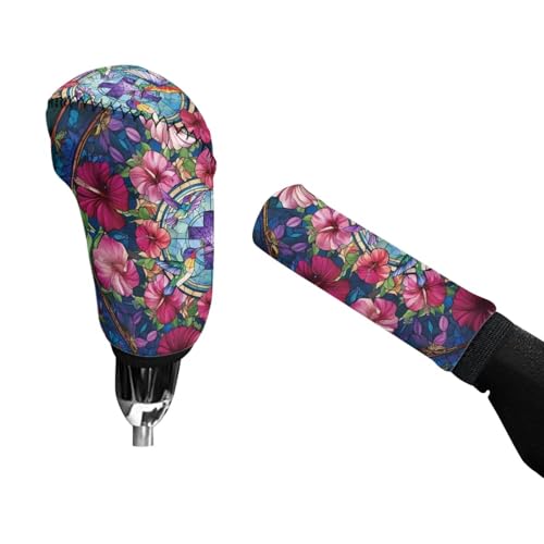 Hibiscus Hummingbird Cross Pattern 2 Pcs Car Handbrake Cover Set with Gear Shift Cover, Washable Auto Handbrake Grip Cover Stretchy Car Accessories Universal Fit for SUV Sedan Van - color: Hibiscus Hummingbird Cross