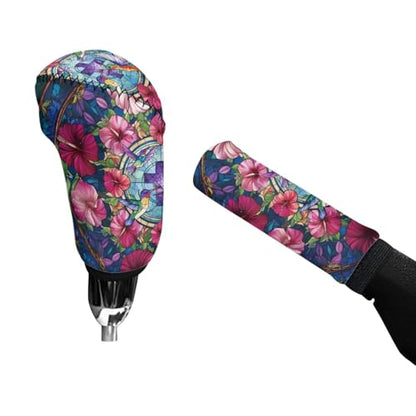 Hibiscus Hummingbird Cross Pattern 2 Pcs Car Handbrake Cover Set with Gear Shift Cover, Washable Auto Handbrake Grip Cover Stretchy Car Accessories Universal Fit for SUV Sedan Van - color: Hibiscus Hummingbird Cross