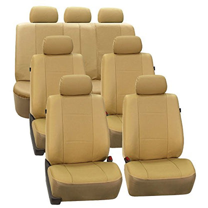 FH Group Three Row Car Seat Covers Deluxe Leatherette with 7 Seater, Airbag Compatible and Rear Split Bench– Universal Fit for Cars Trucks & SUVs (Beige) - color: Solid Beige, style: 3 Row 7 Seater