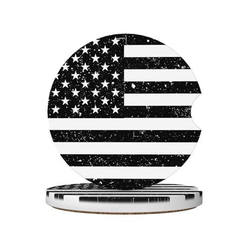 American Flag Retro Black White Car Cup Holder Coasters 2 Pack Universal 2.63 Inch Anti Slip Ceramic Absorbent Coaster with Cork Base and Finger Notch Cute Car Accessories Interior for Women - color: White