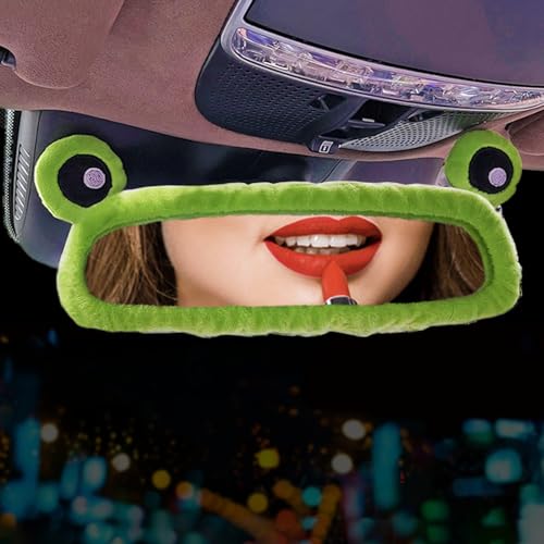 Dotesy 7 Pcs Fluffy Cartoon Frog Car Steering Wheel Cover Set, Wool Steering Wheel Protector with Cup Coasters, Soft Plush Rear Mirror Cover Accessories for Women (Green Frog)