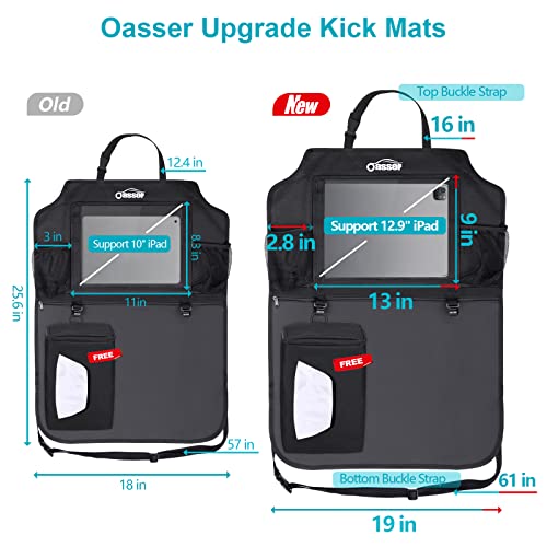 Oasser Seat Back Protector Kick Mats 12.9" I pad Holder 2 Pack XL with 1 Tissue Box Car Seat Organizer Back of Seat Protector Clear 2 Large Car Organizers and Storage