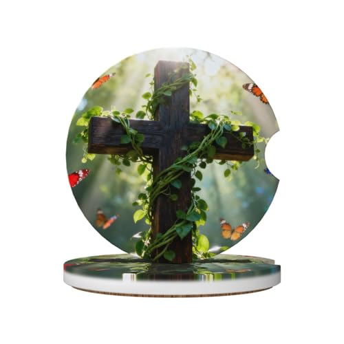 Cross Butterfly Jungle Sunshine 2 Pack Car Cup Holder Coasters Absorbent Ceramic Drink Coasters 2.56" Anti Slip Cup Mat with Cork Base and Finger Notch Auto Accessories Interior for Women Men - color: Black
