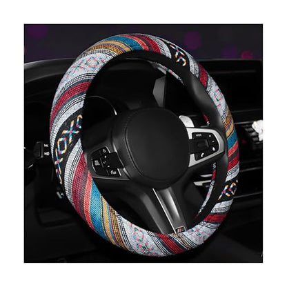Boho Steering Wheel Cover, 15 Inch Coarse Flax Cloth Ethnic Style Anti-Slip Car Wheel Wrap, Universal Breathable Bohemian Steering Wheel Protector for Cars Vans Trucks (D) - color: D