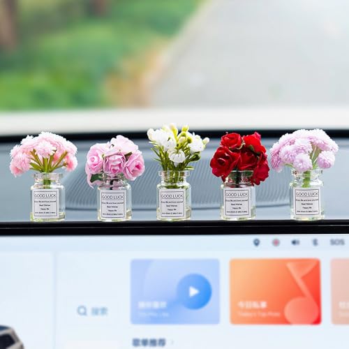 5 Pcs Mini Flowers Cute Car Accessories for Rear View Mirror Dashboard Cute Miniature Flowers in Glass Vase Car Interior Ornaments for Women - color: B Style-5 Pcs