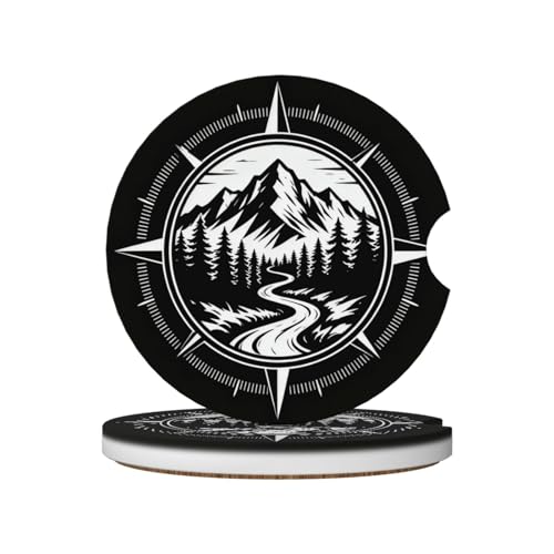 Compass Mountain Stream 2 Pack Car Cup Holder Coasters Absorbent Ceramic Drink Coasters 2.56" Universal Anti Slip Cup Mat with Cork Base Finger Notch Auto Accessories Interior for Women Men - color: Silver