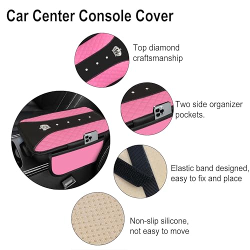 NBTEPEM 6 PCS Bling Car Accessories Set, Leather Steering Wheel Covers Universal 14.5-15 inch, Center Console Cover, Seat Belt Cushion, Cup Holder Coaster (Pink) - color: Pink