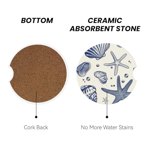 Blue Sea Starfish Shells Absorbent Ceramic Car Coasters for Cup Holders, 2.56" Anti Slip Insert Cup Coasters for Women Men (2 PCS) - color: Blue Sea Starfish Shells