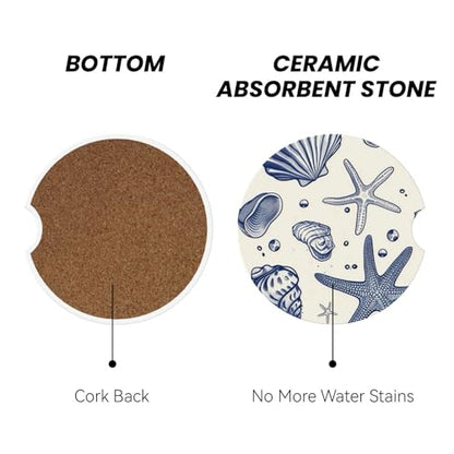 Absorbent Ceramic Car Coasters for Cup Holders, Blue Sea Starfish Shells Design 2.56" Anti Slip Universal Drink Cup Coasters for Women Men (2 Pack) - color: Blue Sea Starfish Shells