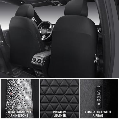 CAR PASS Bling Diamond Black Leather Car Seat Covers Full Sets Interior Sets, Waterproof Shining Glitter Sparkly Crystal Universal Armrest Fit Automotive Truck SUV Cute Women Girl, Black PU Rhinestone - color: Black Rhinestone, size: Full Set