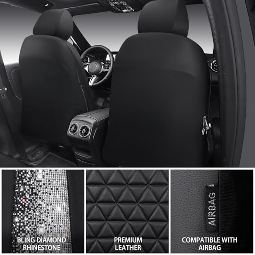 CAR PASS Bling Diamond Leather Car Seat Covers 2 Front Seats Interior Sets, Waterproof Shining Glitter Sparkly Crystal Universal Armrest Fit Automotive Truck SUV Cute Women Girl, Black PU Rhinestone - color: Black Diamond, size: Two Front Seats