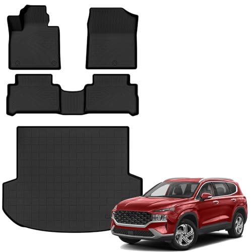 Auxko All Weather Floor Mats Cargo Mat Fit for Hyundai Santa FE 2021-2023 (Gas Only) TPE Liners Accessories All Season Guard Odorless Anti-Slip Floor Mats Trunk Mat for Hyundai Santa FE Black - size: santa fe gas|2021-2023|floor+cargo mats