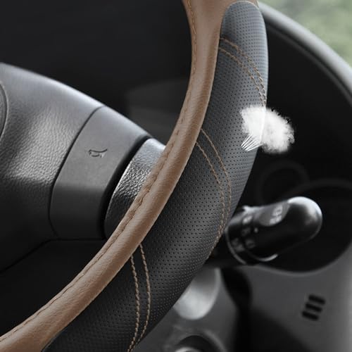 Elantrip Leather Steering Wheel Cover 14 1/2 to 15 inch Universal Padded Soft Grip Breathable for Car Truck SUV Jeep Anti Slip Brown - color: Black and Brown, size: 14 1/2 - 15 Inch