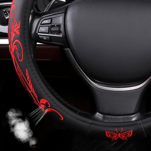 Red Embroidery Butterfly Car Steering Wheel Cover,14.5-15 Inch Universal Leather Covers Breathable Anti-Slip Odorless Steering Wheels Accessories for Men Women - color: Embroidery Red