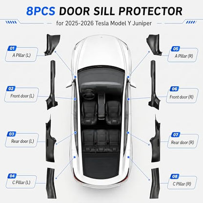 8PCS Door Sill Protector for Tesla Model Y Juniper 2025 2026, Carbon Fiber Texture Door Entry Guard Covers, Anti-Kick Anti-Scuff Full Coverage Threshold Trim, ABS Interior Accessories, Front & Rear