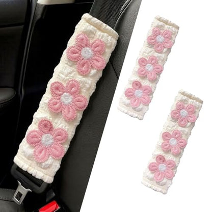JDDRY 2PC Car Seat Belt Covers Pads,Seat Strap Pads,Auto Seat Belt Pad,Fit for Most Vehicles,Car Interior Accessories(Three Flower,Pink)