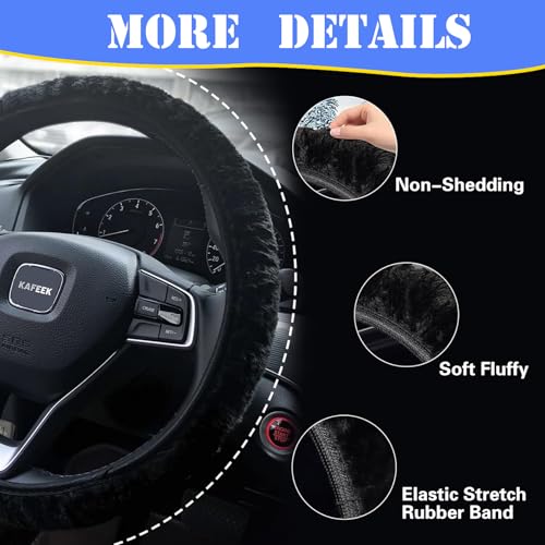 Tianmei Soft Faux Wool Winter Car Stretch-On Steering Wheel Cover (Diameter 13.7in-15.7in,Plush Black) - color: Plush Black - Diameter 13.7in-15.7in