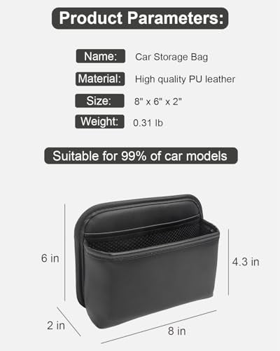Driver's Car Storage Bag, Small Car Side Pocket Organizer for Car Seats, Doors and Consoles, PU Leather, (Black)