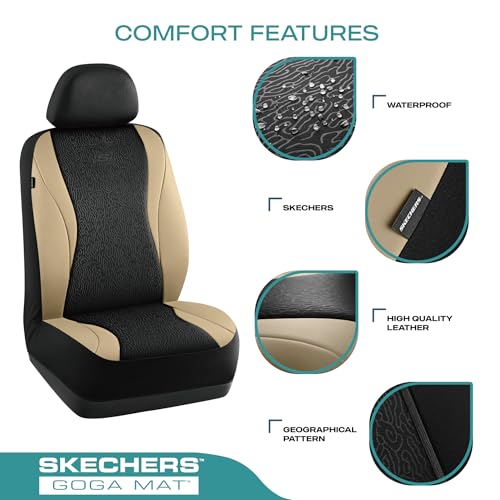 Skechers Car Seat Covers,Leather Seat Covers with GOGA Mat Technology,Waterproof Car Seat Covers Front Seats,Airbag Compatible,Comfort Universal Fit for Most Cars,Vans,Trucks,SUVs,Beige
