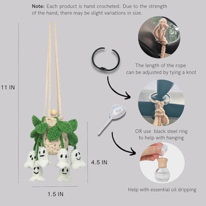 ROFIGL Handmade Crochet Hanging Car Air Freshener - Glow-in-the-Dark Lily of the Valley Plant with 12ml Refillable Essential Oil Diffuser Bottle, Halloween Car Accessories & Bedroom Nightlight Decor - style: Lily Ghost