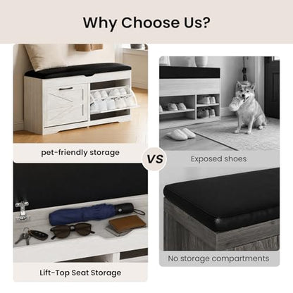39" Shoe Storage Bench with Padded Seat Cushion & Lift Top Storage Box & 2 Flip Drawers, Small Entryway Shoe Rack Bench with 2 Doors and Adjustable Shelf, Shoes Cabinet for Hallway, Living Room, White