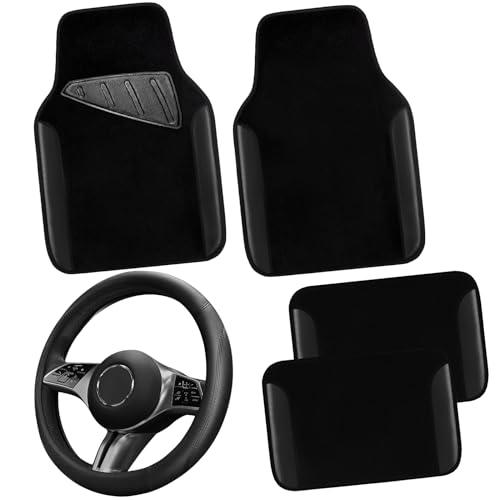 CAR PASS Microfiber Leather Steering Wheel Cover and Waterproof Car Floor Mats,Universal Car Combo Fit for 95% Sedan,SUV,Cars,14.5-15inch Anti-Slip Safety Comfortable Faux Leather Design(Solid Black) - color: All Black