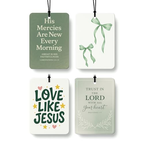 Coquette Green Bow Christian Car Air Freshener 4 Pcs, Retro Sage Green Religious Hanging Air Freshener for Cars Closet Drawer Books, Christian Car Accessories Mirror Decor for Women - color: Green Bow Christian